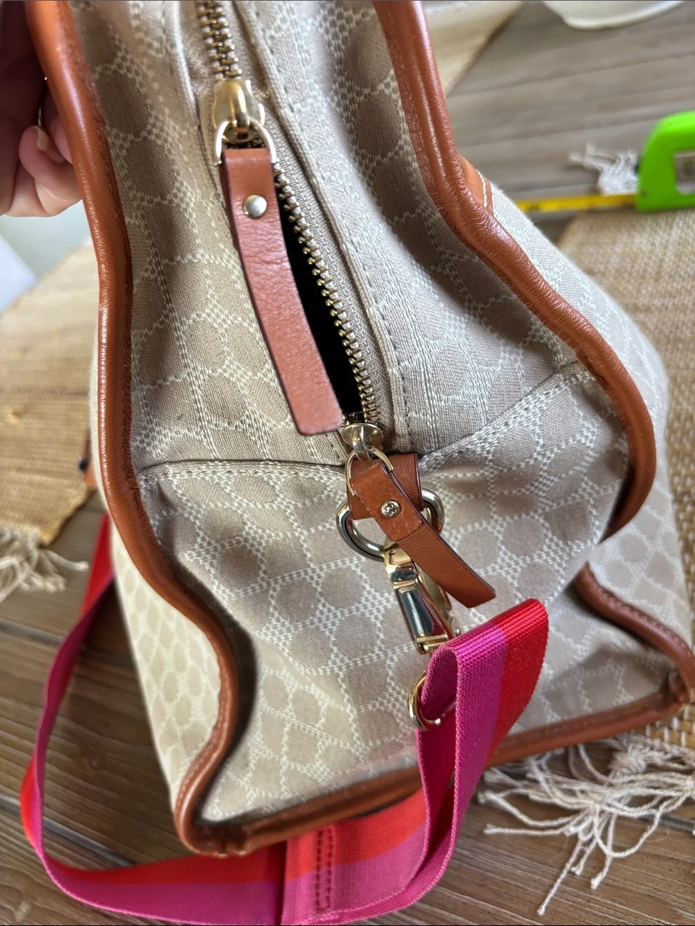 kate spade Beige Monogram Travel Tote with Pink and Red Stripe